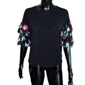 Anthropologie pebble & stone black blouse with floral sheer sleeves size small